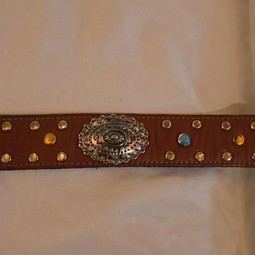 Western Studded Brown Leather Belt with Silver Buckle,34' Inch NWOT!